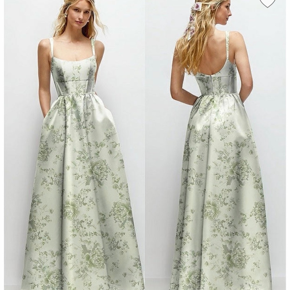 Floral Satin Maxi Dress in Green by Dessy Group